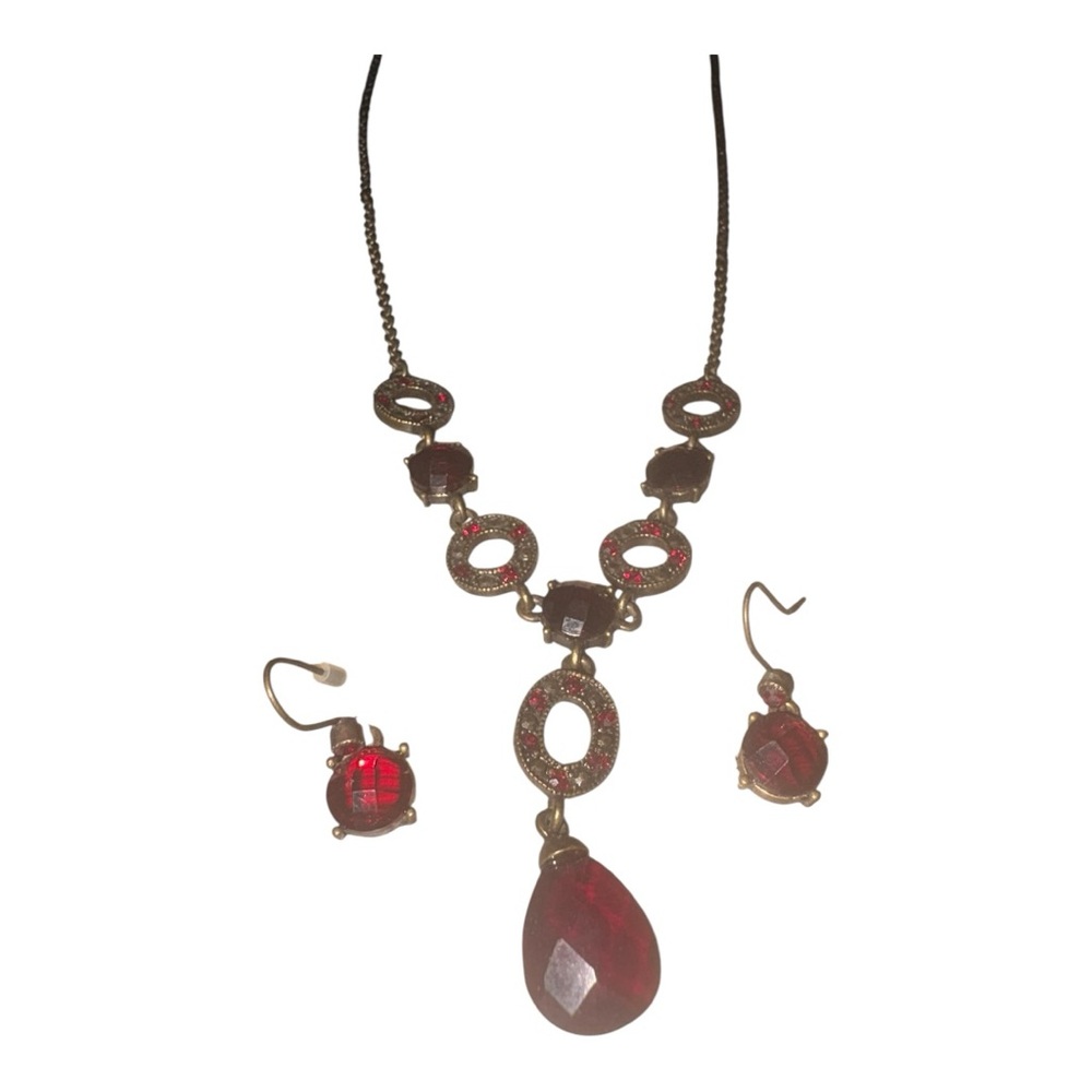 N.R. Red Crystal Statement Necklace Set Drop Pendant Earrings J43